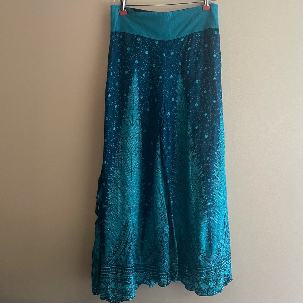 Mexicali Blues Women L/XL Teal Boho Wide Leg Pants Feathers Thailand New NWT - Picture 2 of 8